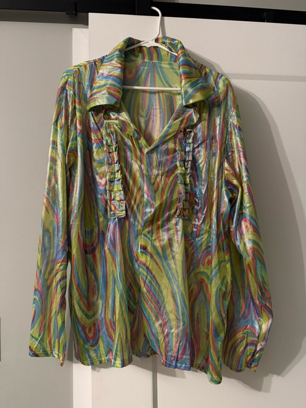 Men’s Multicolor Swirl Ruffle-Front Dress Shirt and Pants Disco Costume